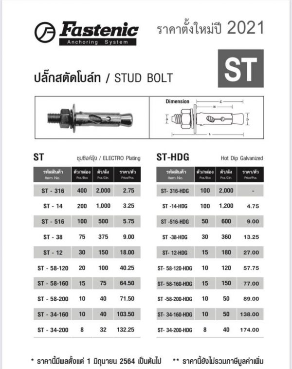 พุ๊กเหล็ก ST12HDG Stud Bolt Fastenic STintertrade